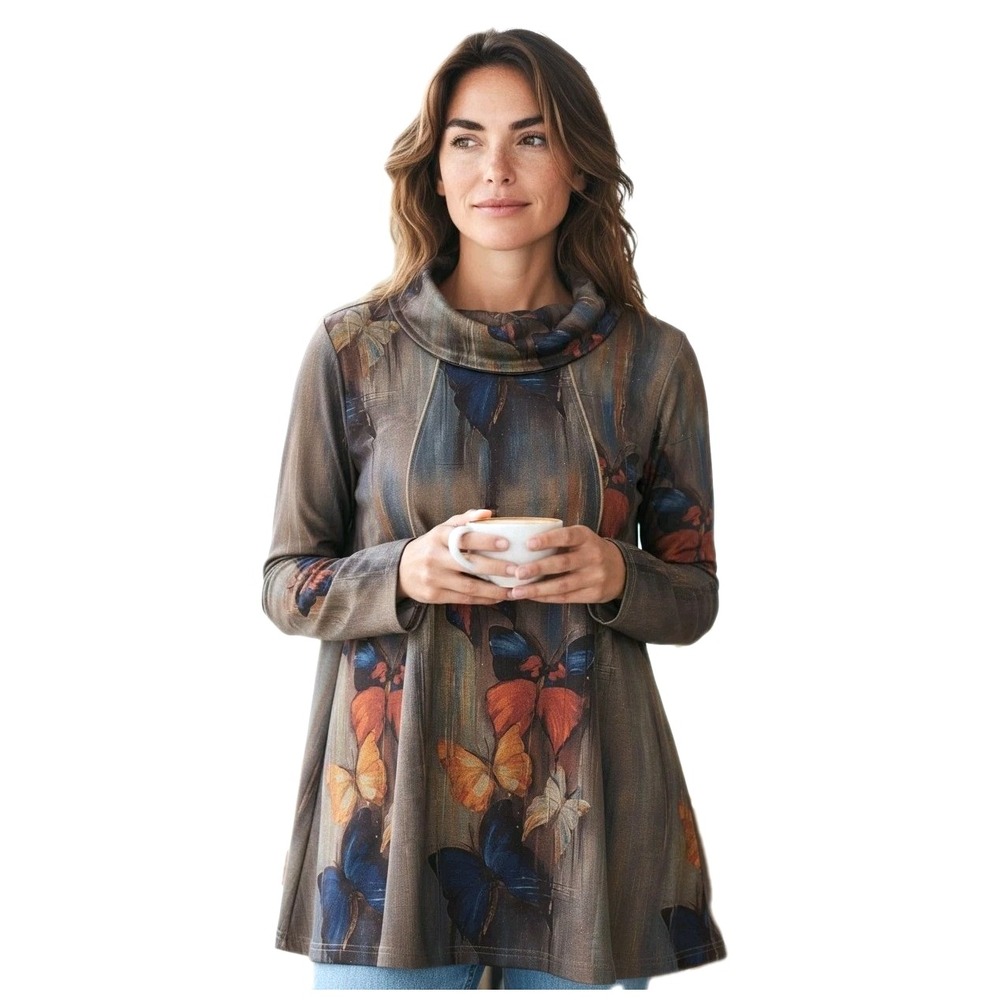 Shana Cowl‎ Neck Knit Tunic Top Womens L Butterfly Print Art To Wear Lagenlook